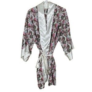 Vintage Victorias Secret Gold Label Robe Ivory Trim Pink Floral Paisley Romantic